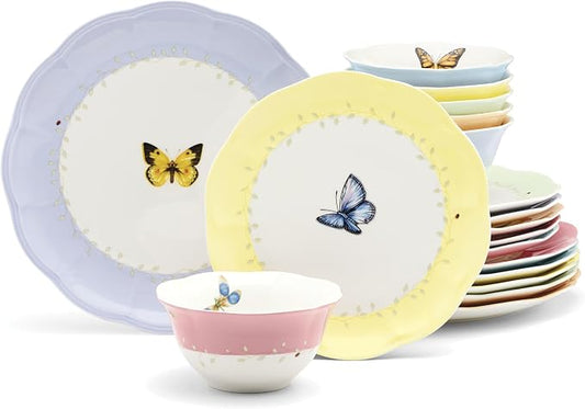 Lenox Dinnerware Set, Butterfly Meadow Colors 18-Piece Set, Service For 6, Porcelain, Dishwasher Safe, Colorful Design, Dinner Plates, Accent Plates, Bowls, Plate & Bowl Sets (18 Pieces, Assorted) by Lenox