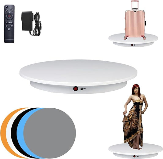 JAYEGT Motorized Rotating Display Stand,350Lbs Load，360 Degree Electric Rotating Potography Turntable for Products Display，Live Show， Remote Control +5 Colors Backgrounds (White / 16.5inch /Wired)