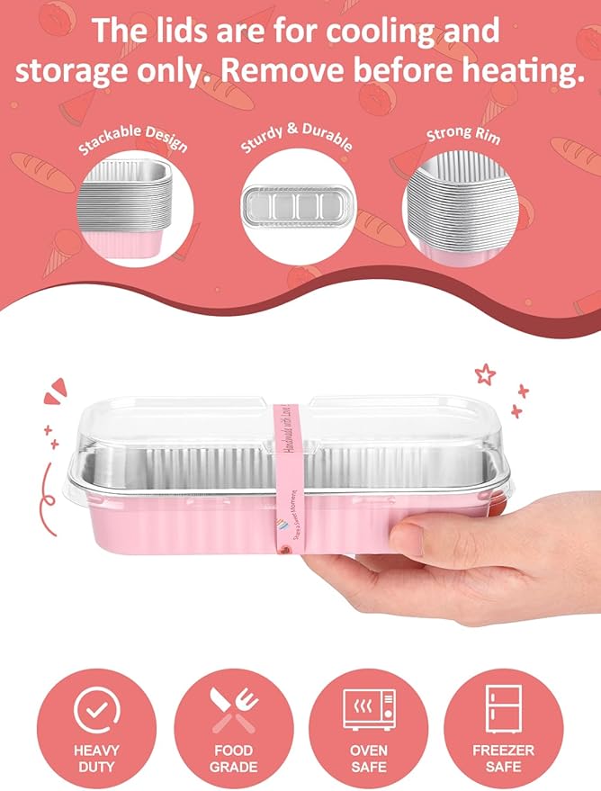 150 Pack 6.8 oz Disposable Mini Loaf Pans with Lids and Spoons - 6.5x2.5x1.2 Pink Aluminum Loaf Pans, Small Aluminum Tin Foil Baking Pan, Food Containers for Baking, Cakes, Bread, Loaves