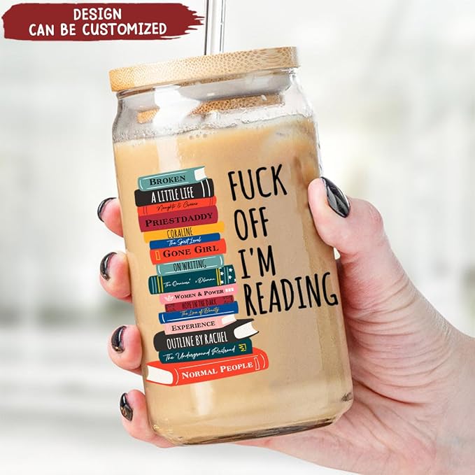 F- Off I'm Reading Funny Book Lovers - Personalized Clear Glass Cup Novelty Coffee Iced Tea Glassware Bookworm Aesthetic Drinkware - Image 3