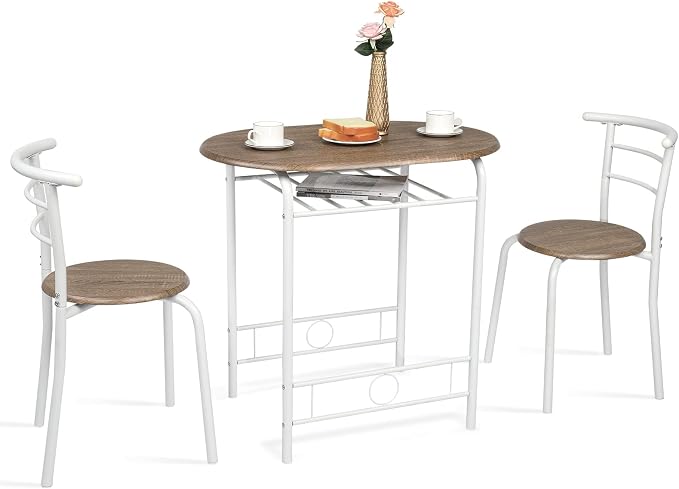 VINGLI 3 Piece Dining Set,Small Kitchen Table Set for 2,Breakfast Table Set,Kitchen Wooden Table and 2 Chairs for Small Space/Dining Room/Apartment,Metal Frame,Wine Rack,White&Warm Oak by VINGLI
