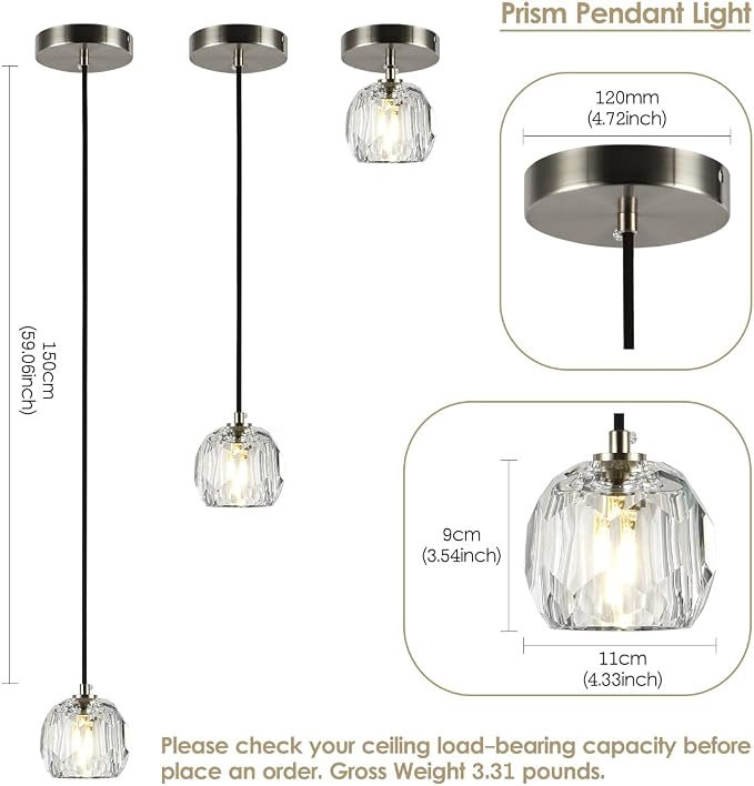 Brushed Nickel Pendant Light, Small Island Pendant Light Fixture for Kitchen, Modern Prism Crystal Single Pendant Hanging Light for Dining Room Bar - Image 2