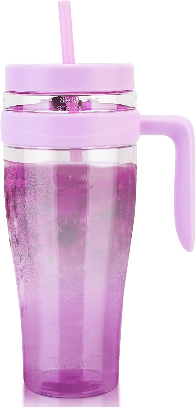 Hydraful 50 oz Tritan Plastic Tumbler with Lid and Straw and Handle - 100% Leak-Proof - Perfect for Iced Coffee, Smoothies, and Juice - Wide Mouth Reusable Water Bottle with Time Marker
