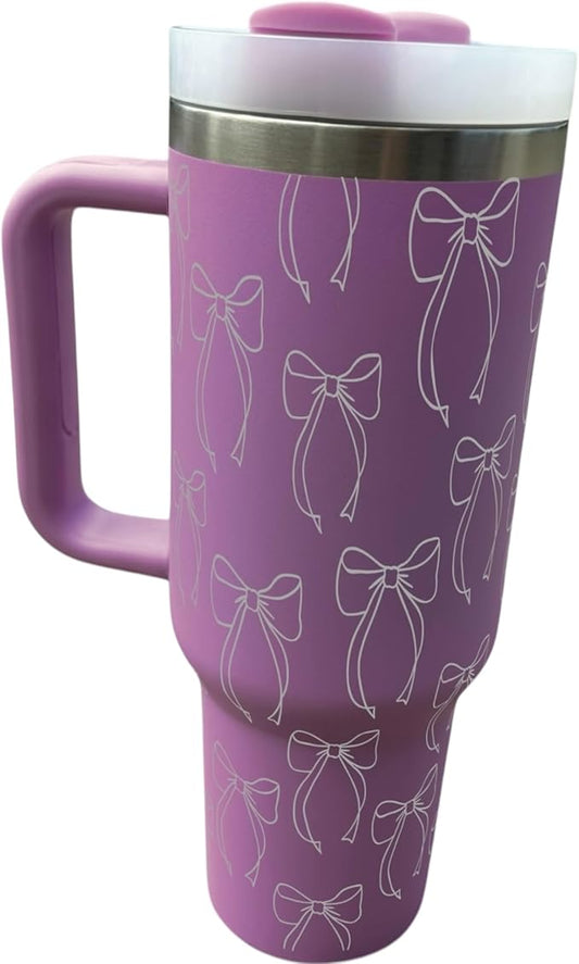 Western Engraved 40oz Tumbler, Tumbler with handle, Cowgirl Tumbler, Country Mug with Handle (Purple(5)-Bows(F7))