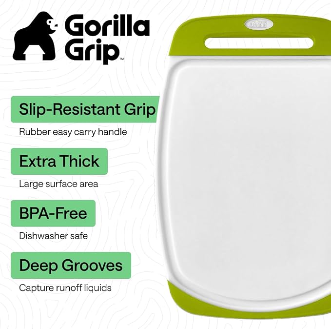 GORILLA GRIP BPA-Free Reversible Kitchen Cutting Board Set of 3, US Designed, Nonporous, Juice Grooves Catch Liquid, Slip Resistant Border, Dishwasher Safe, Durable Food Chopping Boards, Lime Green - Image 2