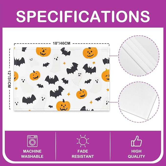 Feelyou Happy Halloween Placemats Set of 4 Pumpkin Lantern Table Mats White Orange Black Place Mat for Kitchen Dining Table Party Decor Indoor Outdoor 18"x12" Non-Slip Easy to Clean Bats Pattern - Image 4