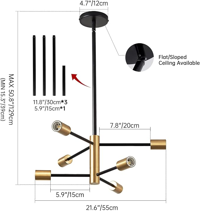 6-Light Black and Gold Mid Century Ceiling Chandelier Height Adjustable for Living Room, Kitchen, Dining Room, Bedroom,Foyer (Bulbs Not Included) - Image 8