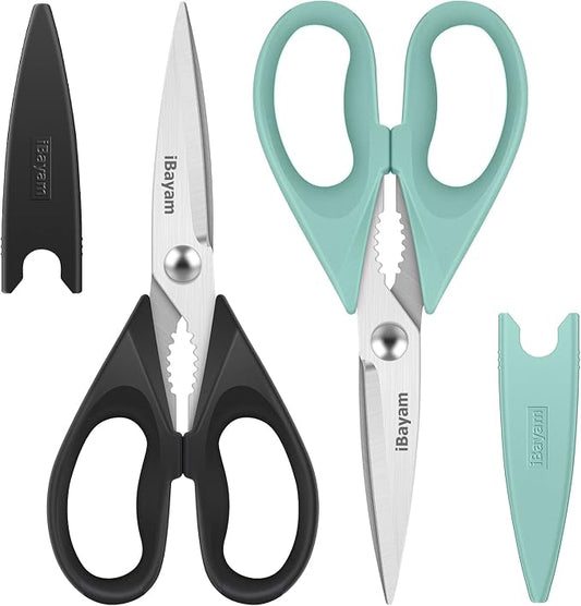 iBayam 2 Pack All Purpose Kitchen Scissors Shears Heavy Duty, Blade Covers | Stainless Steel Blade, Soft Comfort-Grip Handle, Dishwasher Safe, Food & Meat Scissors, Home, Kitchen, Dining Utility Gadgets by iBayamDirect
