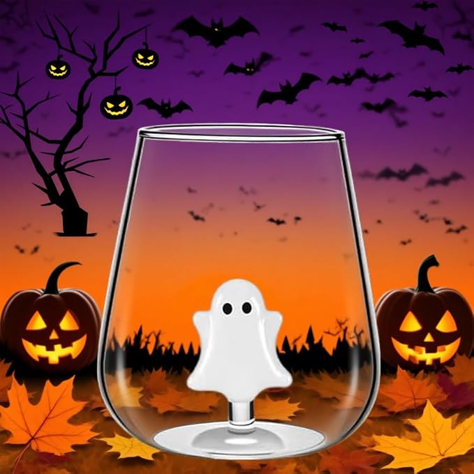 Halloween Wine Glasses, Ghost and Pumpkin Stemless Wine Glasses | Clear Spooky Drinking Cups for Dinner Party Birthday Holiday, Cute Fun Fashioned Decorated Unique Glassware Gift - Image 2