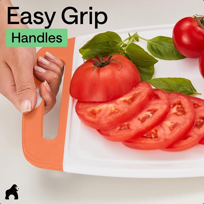 GORILLA GRIP BPA-Free Reversible Kitchen Cutting Board Set of 3 US Designed, Nonporous, Juice Grooves Catch Liquid, Slip Resistant Border, Dishwasher Safe Large Food Chopping Boards, Lime Orange Lemon - Image 8