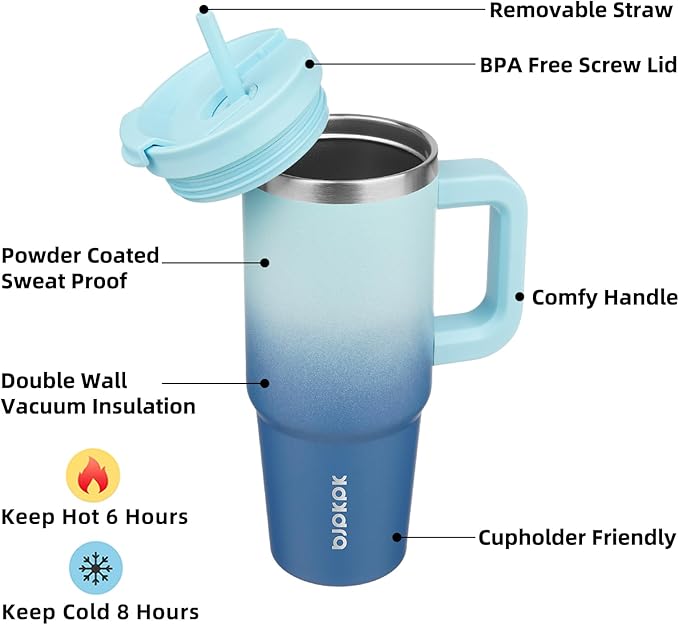 BJPKPK 30 oz Insulated Tumbler with Handle & Straw, Stainless Steel | Double Wall Vacuum Insulation, Leak Proof, BPA Free, Dishwasher Safe, Cupholder Friendly, Travel & Outdoor, Sky - Image 2