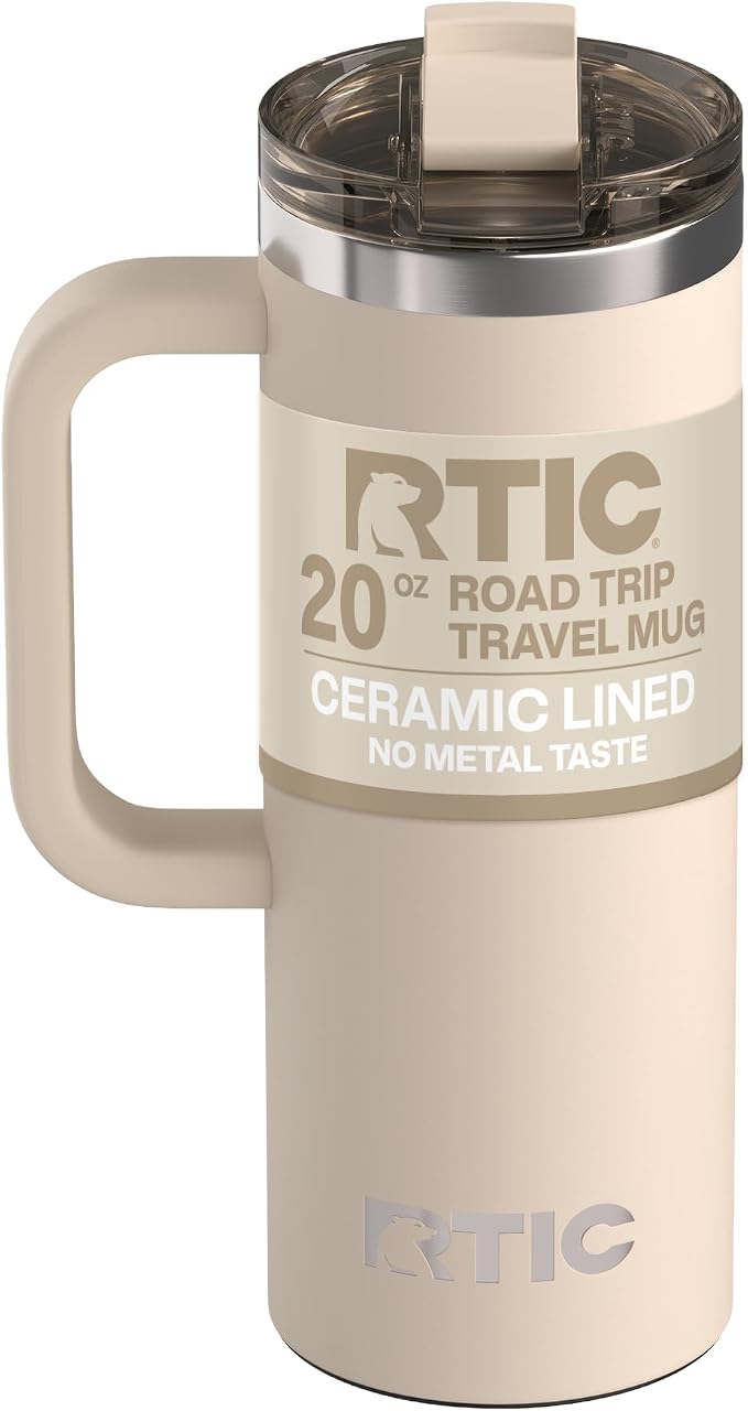 RTIC 20oz Road Trip Travel Mug with Lid and Handle, Ceramic Lined, Beach | Stainless Steel Metal, Insulated Travel Cup for Hot and Cold Drinks, Coffee, Car, Camping and Travel by RTIC
