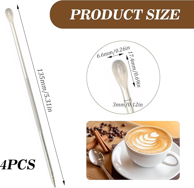 4 Pieces Latte Art Pen Cinnamon Pen for Coffee,Dual-Ended Latte Art Pen,Stainless Steel Silver,for Coffee Bar Barista Make Creative Coffee Designs Decors