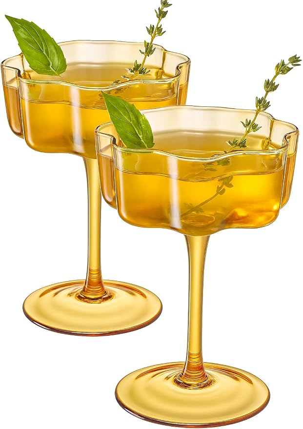 Flower Scalloped Vintage Wavy Petals Wave Glass Coupes 7oz Colorful Martini, Champagne & Cocktails, 2 Set Amber Rippled Champagne Glasses, Elegant Bar Glassware, Unique Aesthetic Coupe Glassware Gifts - Image 2