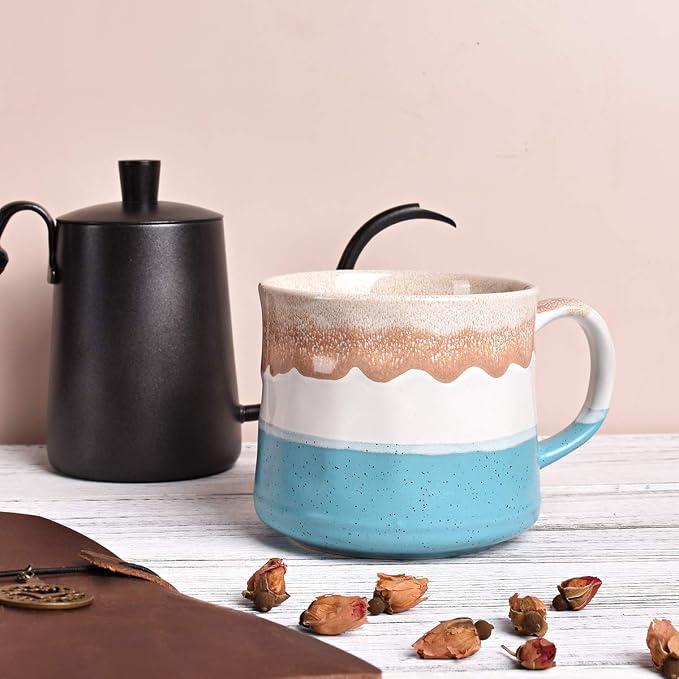 Bosmarlin Large Ceramic Coffee Mug, Big Tea Cup, 7 Colors to Choose, 21 Oz, Dishwasher and Microwave Safe, 1 PCS (Blue&White) - Image 4