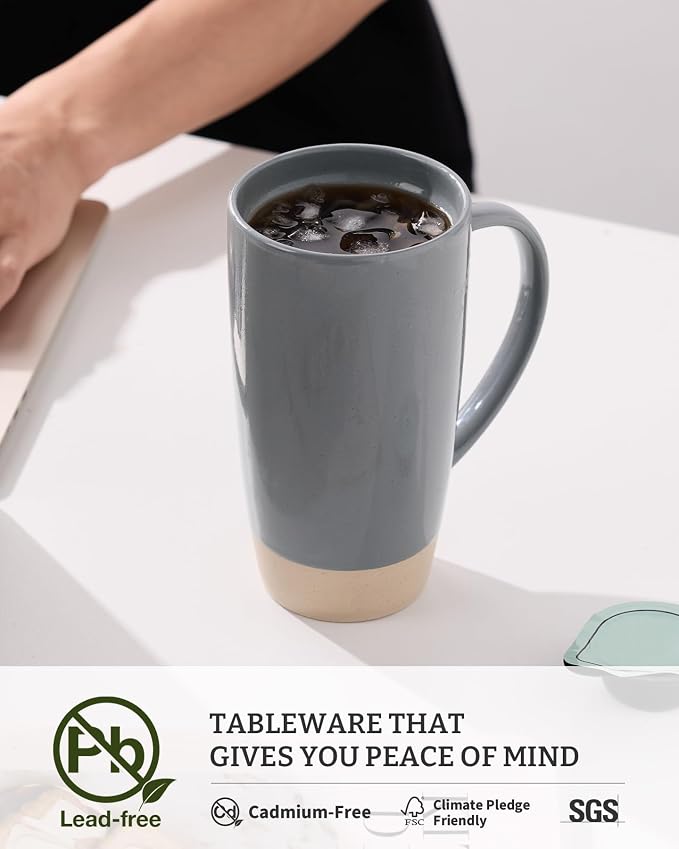 famiware Milkyway Coffee Mugs, 20oz Large Coffee Mug, Ceramic Mug Set of 2 with Lid, Cup Set with Handle for Latte, Tea, Cocoa, Milk, Home & Office, Light Gray and Dark Gray - Image 3