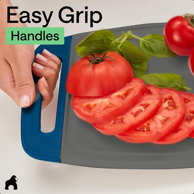 GORILLA GRIP BPA-Free Reversible Kitchen Cutting Board Set of 3, US Designed, Nonporous, Juice Grooves Catch Liquid, Slip Resistant Border, Dishwasher Safe, Durable Food Chopping Boards, Gray Blue - Image 8