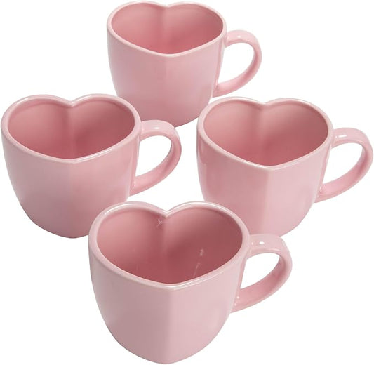 Paris Hilton Heart Shaped Ceramic Mug Set, Chic Stoneware Coffee Mugs for Coffee, Tea, Hot Cocoa, Microwave and Dishwasher Safe, 4-Piece, 14-Ounce, Pink by TheWorldofParisHilton