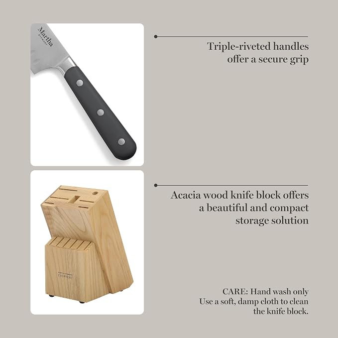 MARTHA STEWART Eastwalk 14 Piece High Carbon Stainless Steel Cutlery Knife Block Set w/ABS Triple Riveted Forged Handle Acacia Wood Block - Gray - Image 5