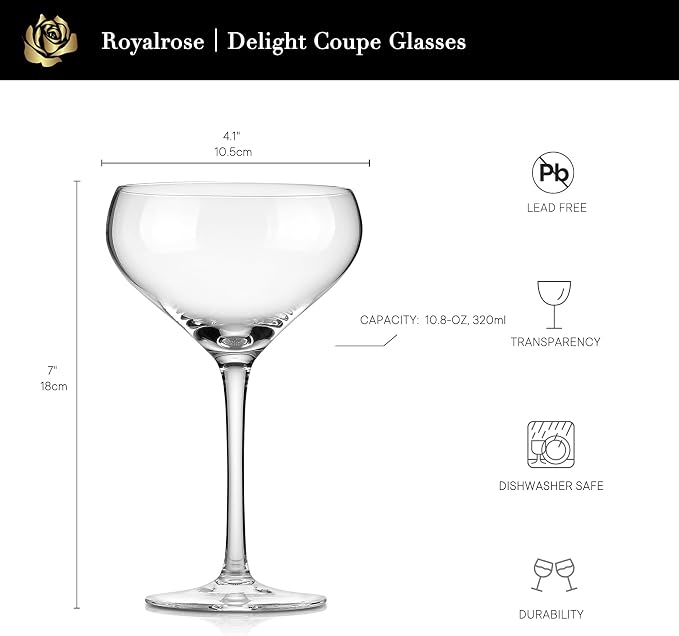 Royalrose Premium Delight 10.8 oz Martini Glasses Set of 4 (Coupe Glasses) | Cocktail Glasses for Wine, Mixed Drinks, Sparkling Water, Elegant Drinkware for Entertaining or Daily Use - Image 3