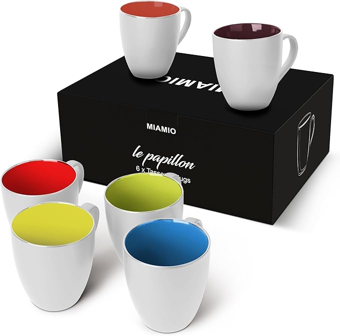 MIAMIO - Set of 6 Coffee Mugs 12 oz – Modern Ceramic Coffee Cup Set in White Multicolor – Large Coffee Cups for Coffee, Tea and Cappuccino – Dishwasher and Microwave Safe by MIAMIO