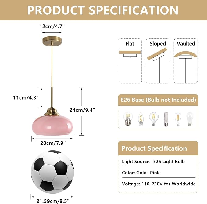 KCO Lighting Retro Pink Kitchen Pendant Light Mid Century Gold Hanging Light Vintage Dome Glass Pendant Light Small Globe Hanging Lights - Image 2