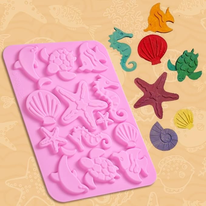 Newk Marine Themed Silicone Mold, Pack of 4, Seasell, Conch, Seahorse, Starfish, Tortoise Silicone Mold for Fondant, Hard Candy, Cake Decoration, Resin, Pendants