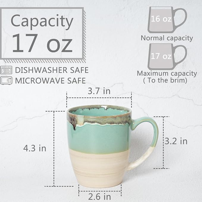Bosmarlin Ceramic Coffee Mug Set of 4, 17 Oz, 5 Colors to Choose, Tea Cups, Dishwasher and Microwave Safe, Reactive Glaze (Green) - Image 2