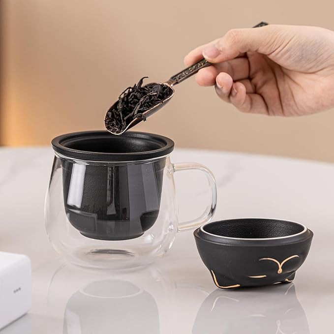 Tea Cup with Infuser and Lid 15oz - Borosilicate Glass Mug with Black Ceramic Infuser, Smiling Cat Lid Design, Anniversary Birthday Gift for Cat Lovers