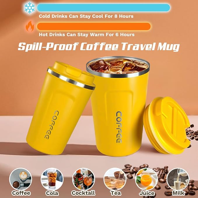SPLMIFA Travel coffee mugs leak-proof, reusable coffee cup with lid, stainless steel vacuum insulated coffee tumblers, thermal insulation cups for men & women keep drinks hot & cold (2nd-Yellow, 12OZ) - Image 2
