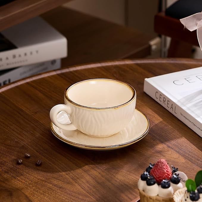 Coffeezone Vintage Design 12 oz Ceramic Latte Art Cappuccino Barista Cup with Saucer (Wave Beige) - Image 5