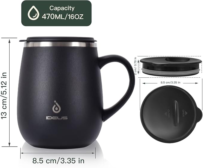 Ideus 16 oz Insulated Coffee Mug with Handle and Lid, Double Wall Stainless Steel Vacuum Thermal Coffee Mug, Travel Coffee Cup Thermal Cup for Home and Office, Storm Black - Image 3