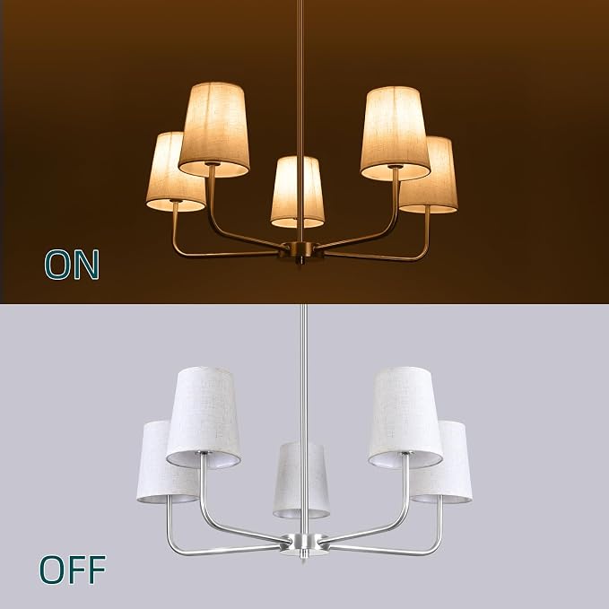 5 Light Brushed Nickel Chandelier, 28" Modern Farmhouse Ceiling Light Fixture with Fabric Shade, Pre-Wired Thicker Arm Pendant Lights for Dining Room Kitchen Island Over Table Entryway Foyer - Image 8