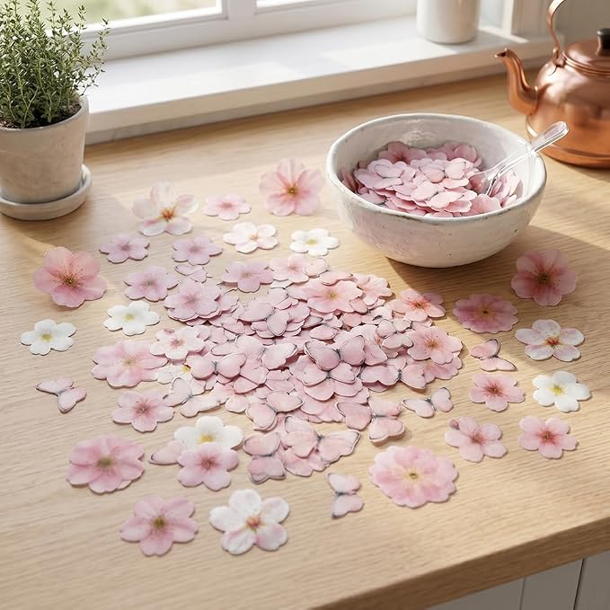 85Pcs Pink Cherry Blossom Flowers & Butterflies Cake Decorations Set – Cupcake Toppers, Birthday Decor – Edible Rice Wafer DIY Dessert for Baby Shower, Wedding (Pink Cherry Blossom butterfly) - Image 5