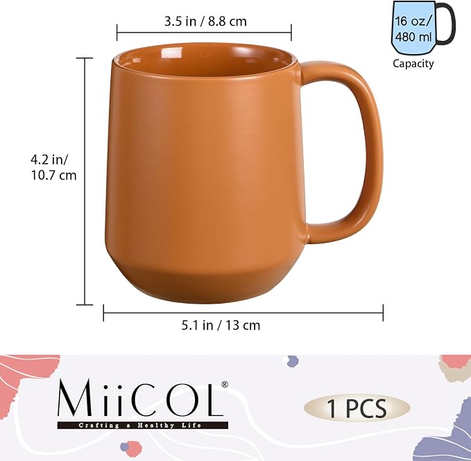 Miicol Ceramic Coffee Mug, 16 oz Large Coffee Cup, Tea Mug with Handle, Flat Bottom Mug for Men, Women, Office, Microwave and Dishwasher Safe, Multi-Color, Burnt Orange - Image 3