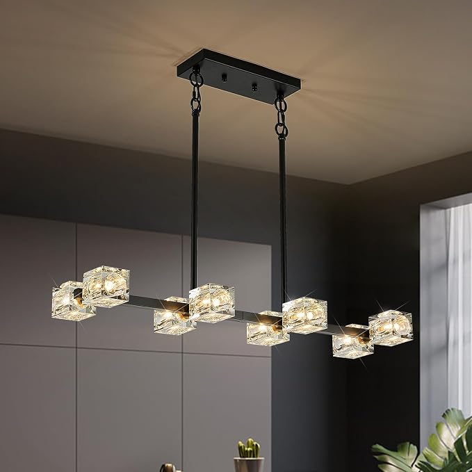 Black Gold Crystal Chandelier Modern 8-Light Sputnik Ceiling Pendant Lights L 31.5" Industrial Adjustable Hanging Light Fixture for Dining Room Kitchen Island Living Room Bar Over Table by PoemoonLighting