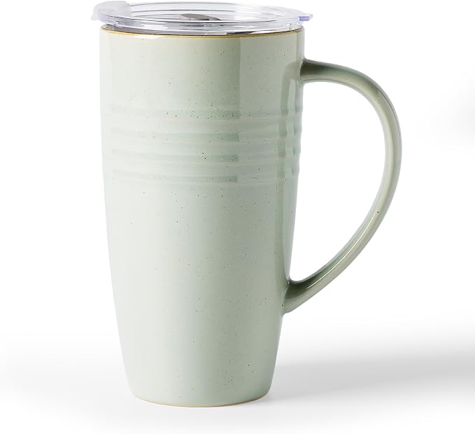 famiware Jupiter Large Coffee Mug, 20oz Coffee Mug with Lid, Ceramic Cup with Handle for Latte, Tea, Cocoa, Milk, Home & Office, Microwave and Dishwasher Safe, Light Green by Famiware