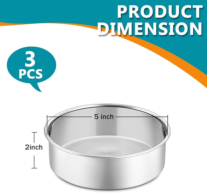P&P CHEF 5 Inch Round Cake Pan Set of 3, Stainless Steel Baking Cake Pans | Round Baking Cake Pan Bakeware for Layer Birthday Cake, Fit Oven/Pots/Pressure Cooker, Leakproof & Dishwasher Safe, Silver - Image 2