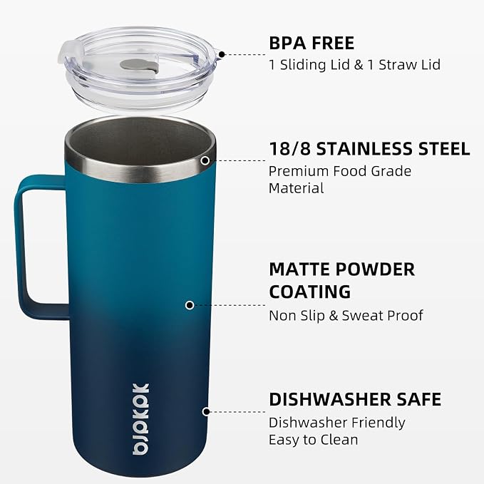 BJPKPK 32oz Insulated Coffee Mug with Handle, Stainless Steel Travel Mug | Keeps Drinks Hot & Cold, Double Wall Vacuum, 2 Lids Included, BPA-Free Coffee Tumbler for Home, Office & Travel - Image 2