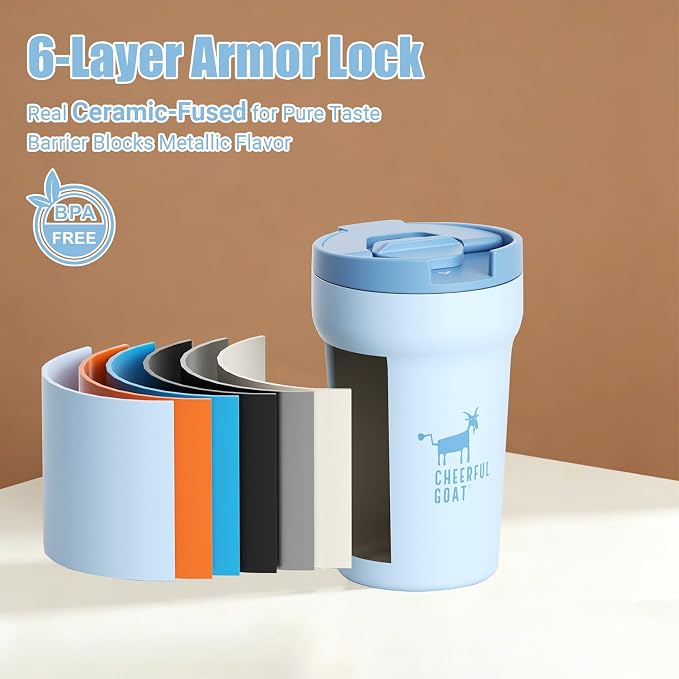 CHEERFUL GOAT Ceramic Lined Coffee Mug – Stainless Steel Travel insulated Tumbler with Ceramic Liner, with lid, 12oz Leak proof Cup for Hot and Cold Water Coffee at Home, Office, or On the Go (Blue) - Image 5