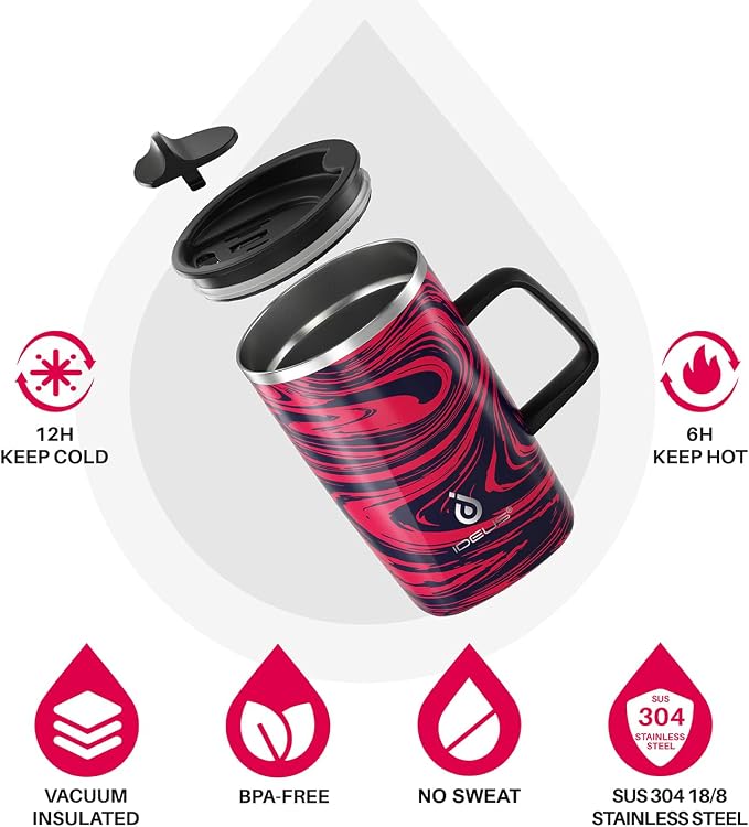 Ideus 16 oz Insulated Stainless Steel Coffee Mug with Lid, Red Zebra | Perfect for home, office, or daily use| Easy to clean wide mouth| Sweat-proof| On the go - Image 2