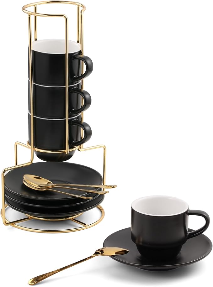Lareina 3-Ounce Espresso Cups Set of 4, Small Stackable Coffee Cups with Saucers, Spoons and Metal Stand, Ceramic Demitasse Mugs, Espresso Accessories for Machine, Black by Lareina