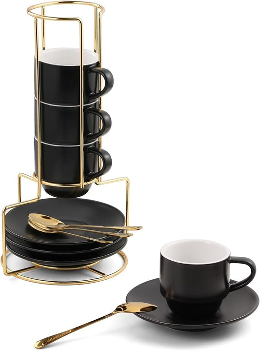 Lareina 3-Ounce Espresso Cups Set of 4, Small Stackable Coffee Cups with Saucers, Spoons and Metal Stand, Ceramic Demitasse Mugs, Espresso Accessories for Machine, Black by Lareina