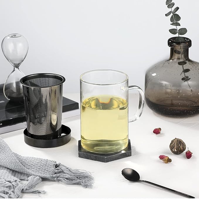 ecooe 16.9oz Glass Tea Cup with Infuser and Lid Clear Glass Tea Cup with Removable Stainless Steel Infuser & Lid, 500ml Teacup for Loose Leaf Tea, Tea Maker Gift for Birthday (Black Strainer)