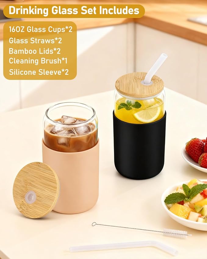 Glass Cups with Lids and Straws, 2 Pack 16OZ Iced Coffee Cups with Silicone Sleeve, Glass Tumbler with Straw and Bamboo Lid, Home Essential Drinking Set for Juice, Cocktail and Latte Black&Khaki - Image 2