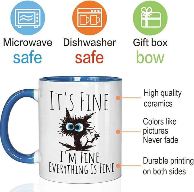 FALJIOK Funny Cat Coffee Mug Gifts for Cats Lover, It's Fine I'm Fine Everything Is Fines Coffee Mug 11oz, Novelty Mugs Gift for Women Man, Cats Lover Birthday Christmas Gifts (blue cat) - Image 3