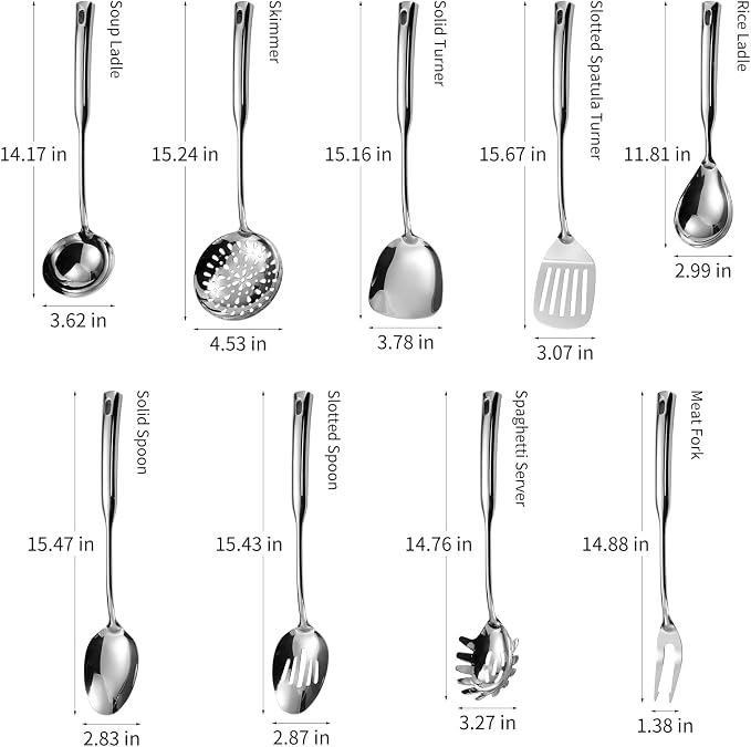 304 Stainless Steel Kitchen Cooking Utensils Set - 9 PCS Serving Utensils, Include Skimmer, Soup Ladle, Spaghetti Server, Wok Spatula, Slotted & Solid Spoon, Slotted Spatula Turner, Meat Fork (Silver） - Image 2