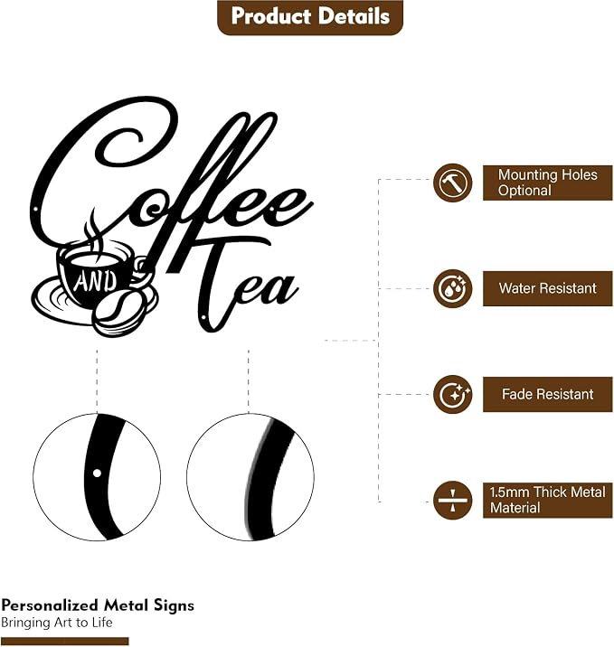 Coffee and Tea Metal Sign | Bar Hanging Sign for Wall Decor | Black Metal Cup Art for Home Kitchen Office Decoration (18 inches) - Image 2