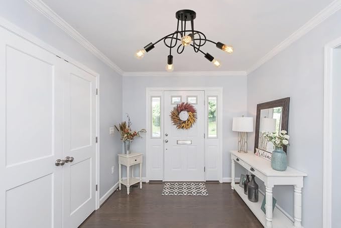 Modern Farmhouse Chandelier,25 Inch 5 Light Sputnik Semi Flush Mount Ceiling Light, Metal Black Rustic Light Fixture for Dining Room Bedroom Kitchen Hallway Entryway - Image 3