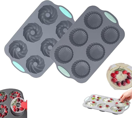 Wreath Ice Cube, Christmas Silicone Wreath Shaped Ice Cube Tray and Snowflake Mold Set, 6 Hole Mini Bund and Cake Pan Candy Bakeware for Holiday Cocktails Ice Cubes DIY Crafts (B+D)